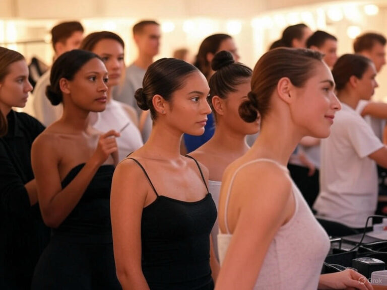 Backstage at a UK fashion show with models preparing, surrounded by stylists and makeup artists in a vibrant, busy atmosphere.