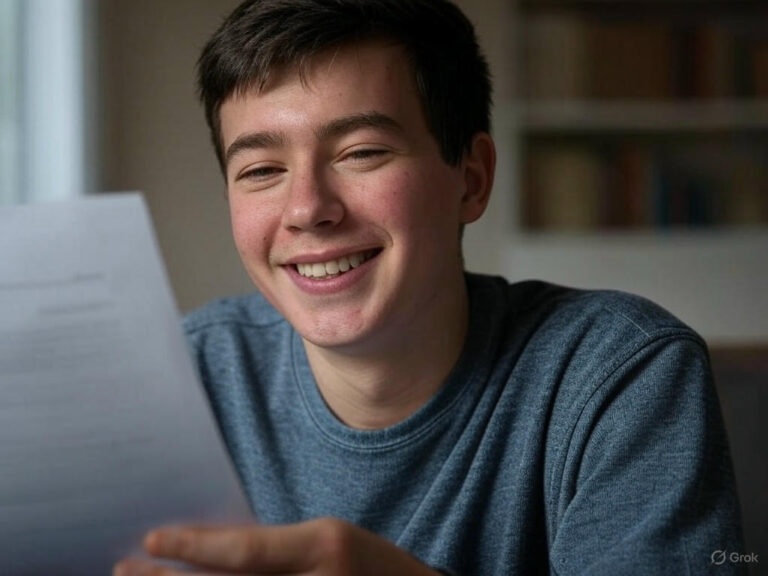 Smiling young UK actor reading a script in natural lighting, representing a fresh start in the acting industry.